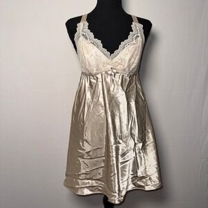 Flora Champagne Satin Lace Chemise Nightgown Gold Sleepwear‎ Small RN 57618